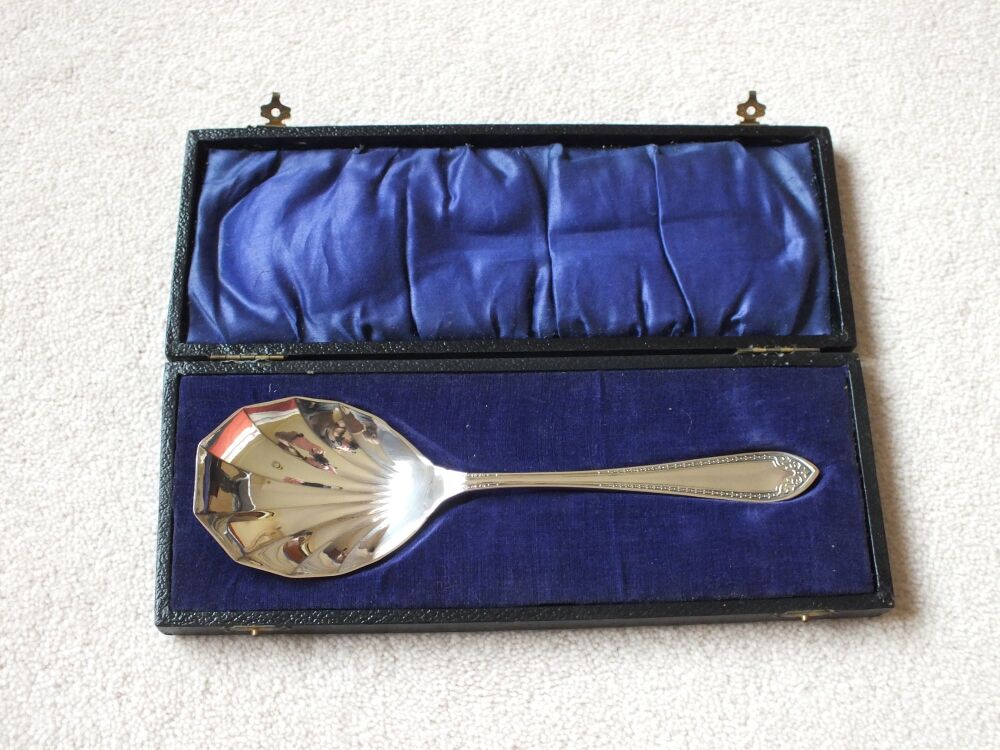 Antique Silver Plated Fluted Serving Spoon - Cased