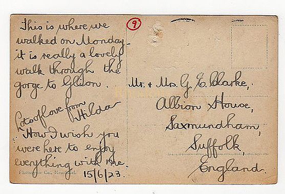 Mr & Mrs G E CLARKE, Saxmundham, Suffolk, 1923 - Family History Research Postcard