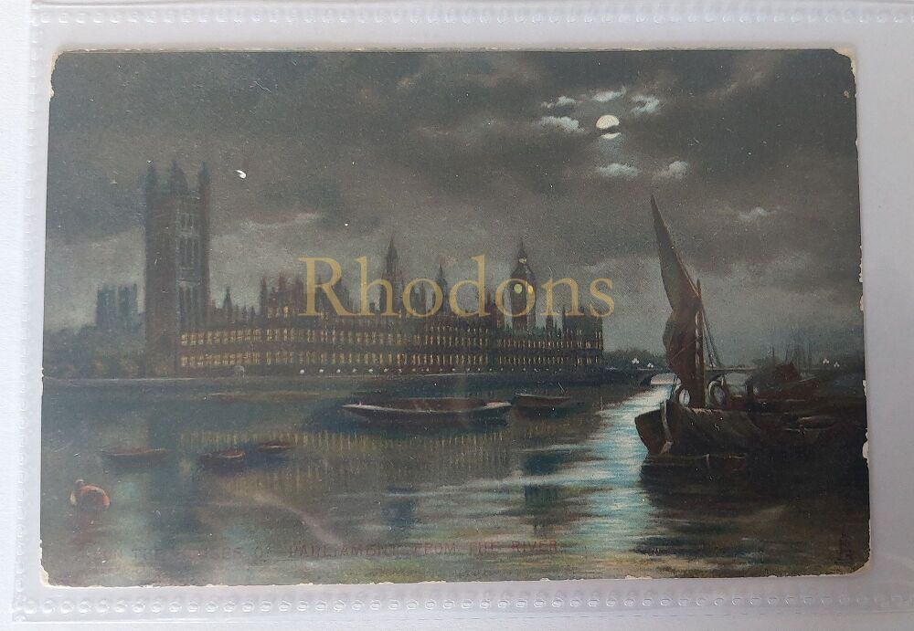 London Houses of Parliament-Moonlit View From River-Raphael Tuck Art Series Postcard | Miss A B MILNE- London Scottish Club Wimbledon