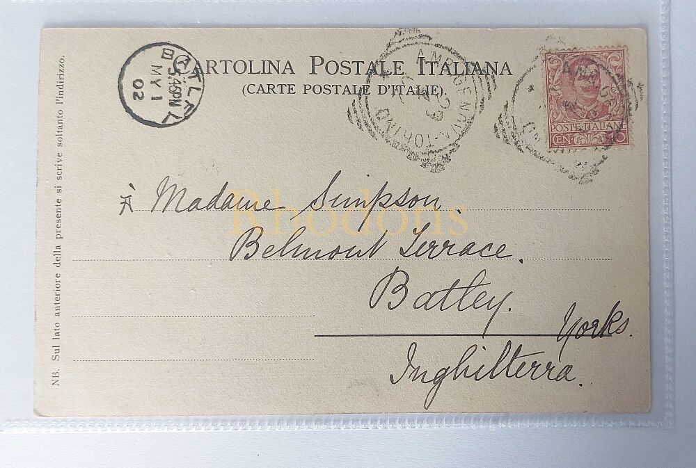 Mrs SIMPSON, Belmont Terrace, Batley, Yorkshire - 1902 Postmarks | Leaning Tower of Pisa, Italy
