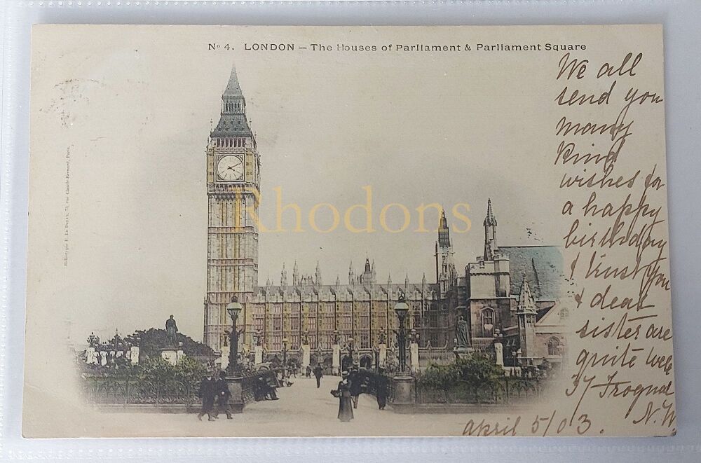 Family History Research Postcard - Violet BARNETT-Landau Pfalz Bahnhof Postmark 1903 | Houses Of Parliament & Parliament Square London
