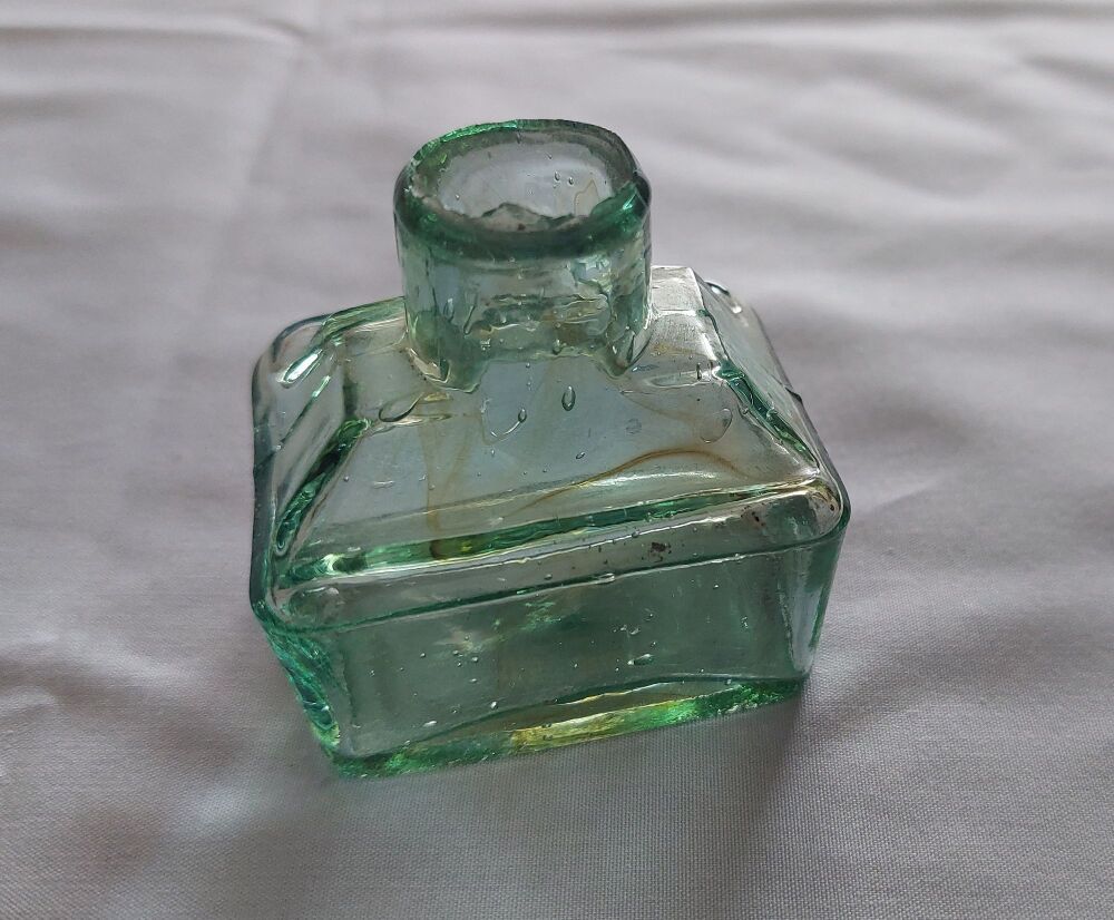 Antique Green Glass Shear Top Ink Bottle-Rectangular