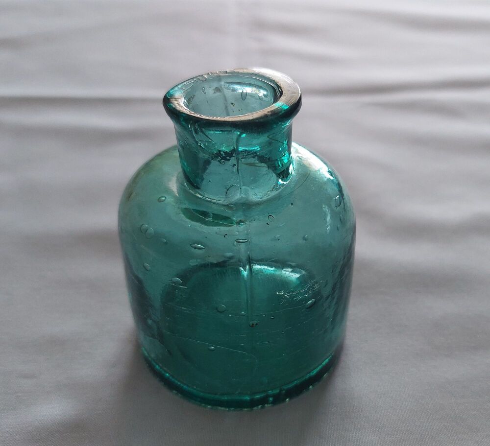 Victorian Blue Glass Ink Bottle-Smooth Top