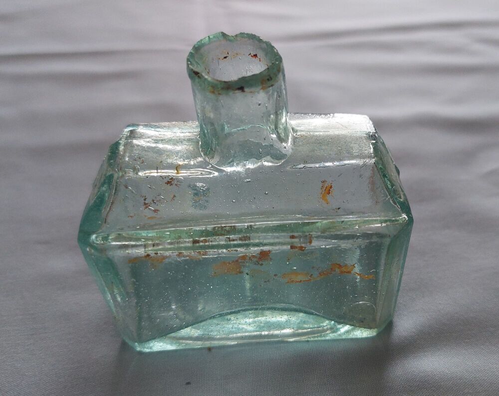 Victorian Ink Bottle-Green Glass-Rectangular-Shear Neck