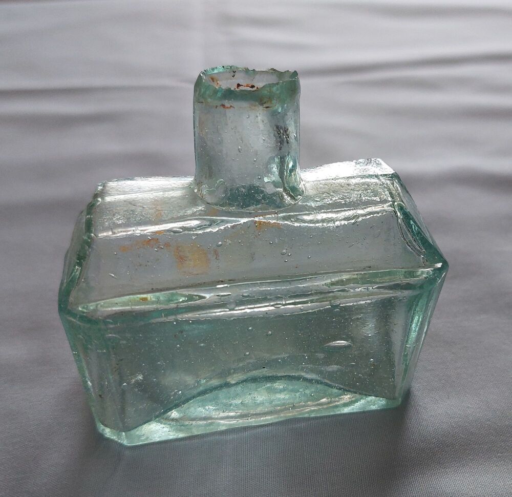 Victorian Ink Bottle-Green Glass-Rectangular-Shear Neck