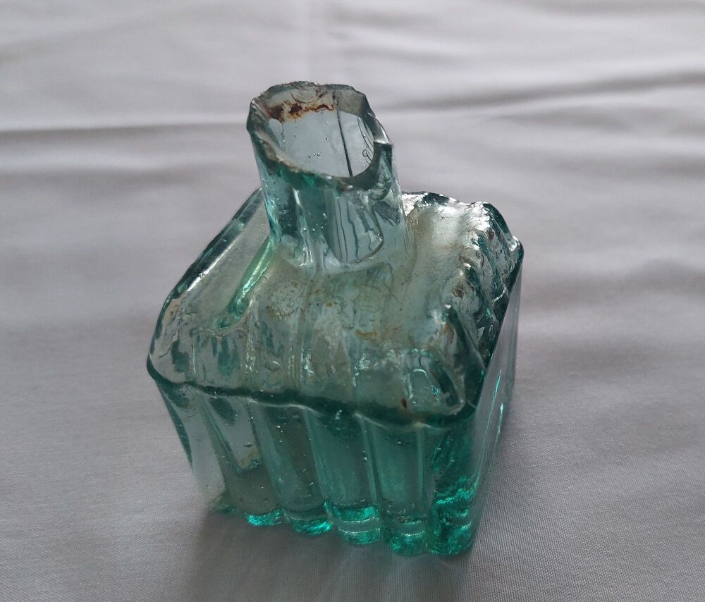 Antique Ink Bottle-Ribbed Blue/Green Glass-Square Base-Shear Neck
