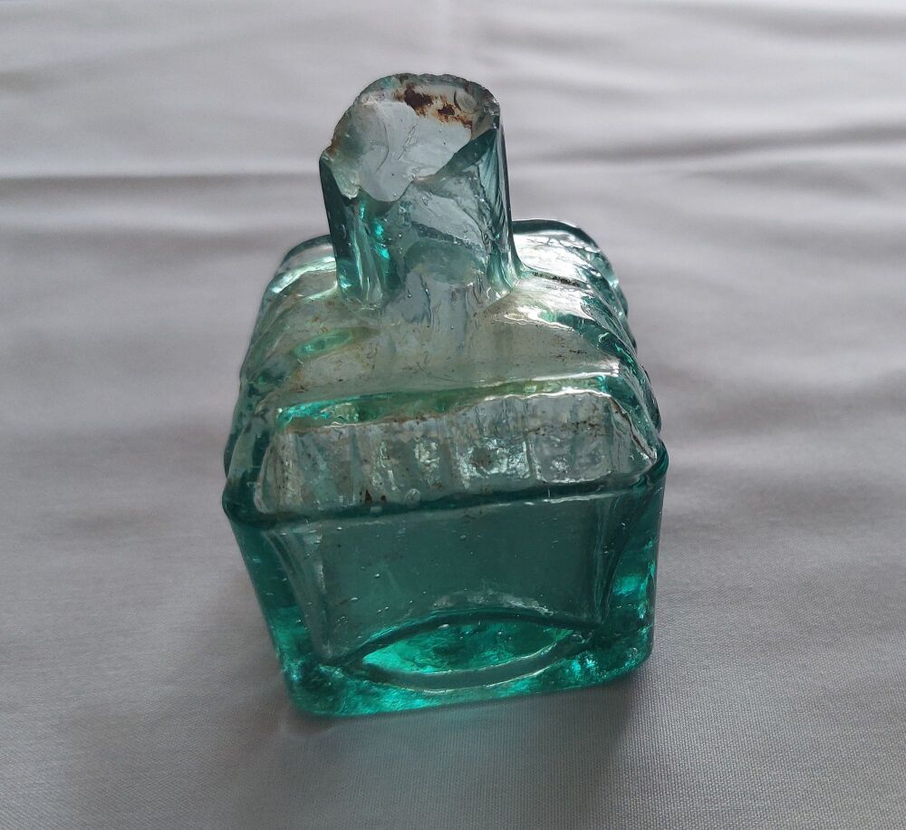 Antique Ink Bottle-Ribbed Blue/Green Glass-Square Base-Shear Neck