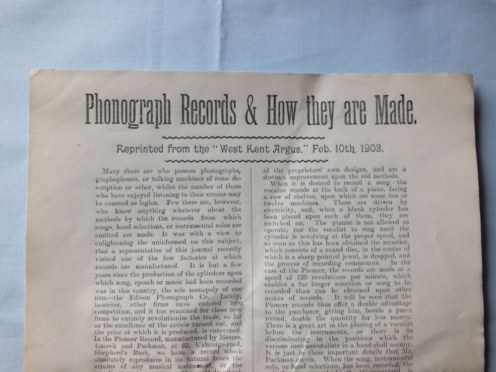 Phonograph Records & How They Are Made - Reprinted from the West Kent Argus Feb 10th 1903