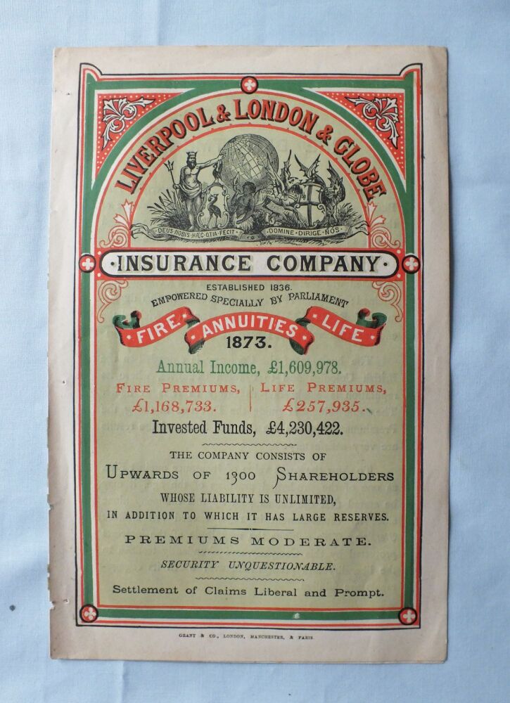 Liverpool & London & Globe Insurance Company Advertising Pamphlet 1873