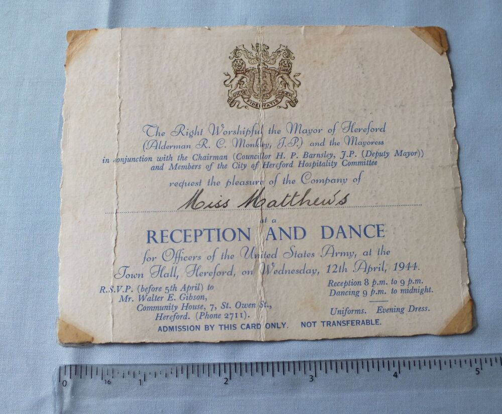 WW2 Ephemera-Invitation Card To Reception and Dance For Officers Of The United States Army, Town Hall Hereford April 1944-Miss Matthews