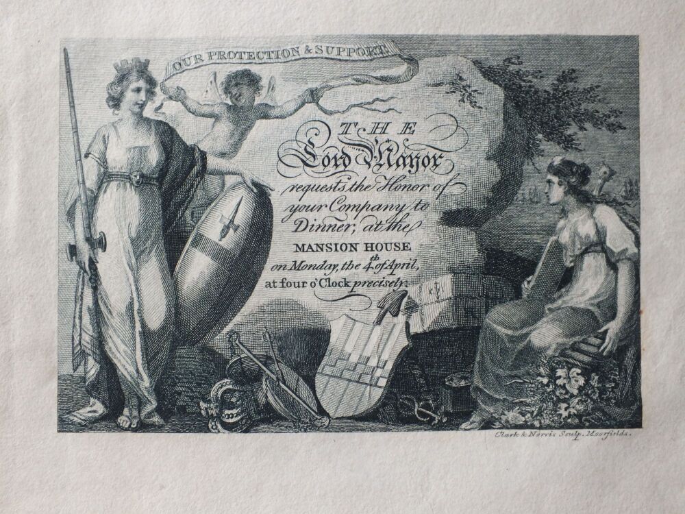 19th Century Monochrome Engraving Print - Lord Mayor Of London Dinner Invitation - Clark & Norris, Moorfields