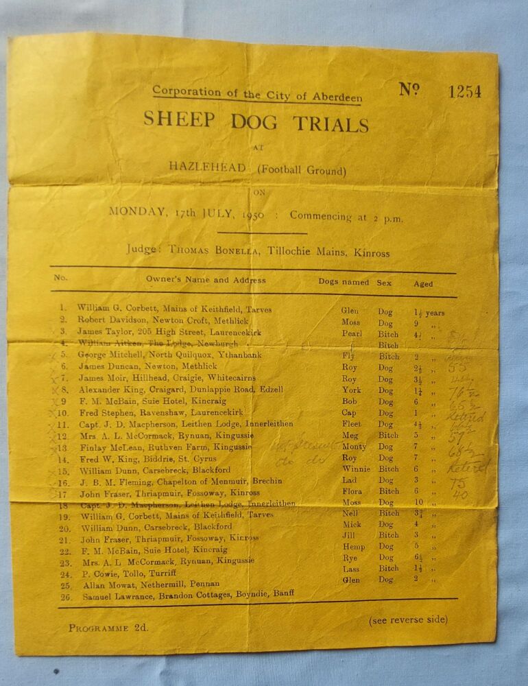 Vintage Sports Programme-City of Aberdeen Sheep Dog Trials at Hazlehead Football Ground 17 July 1950