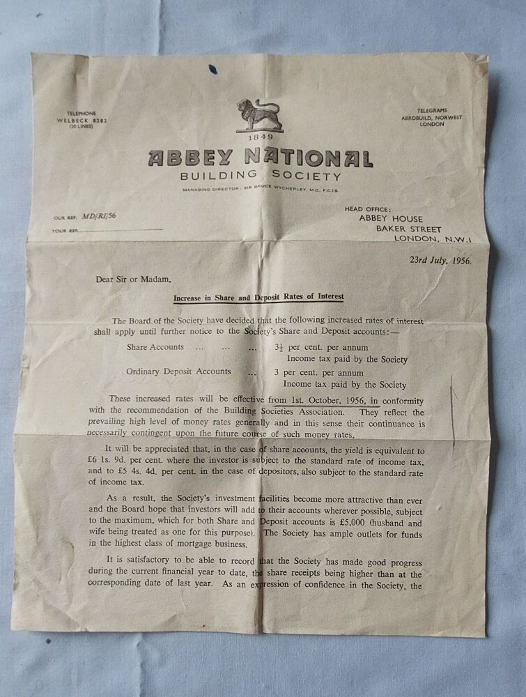 Abbey National Building Society Interest Rates Increase Notification Letter July 1956