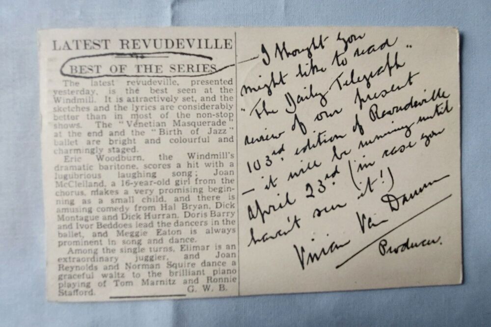 Windmill Theatre 'Revudeville' Presentation, 103rd Edition 1938-Vivian Van Damm Advertising, Publicity Postcard