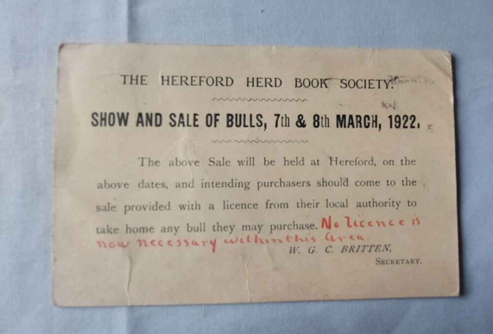 The Hereford Herd Book Society - Show and Sale of Bulls March 1922 - Advertising Postcard