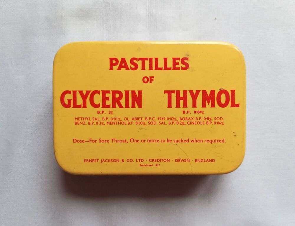 Vintage Pastilles of Glycerin Thymol Packaging Tin-Ernest Jackson, Crediton, Devon-Circa 1950s