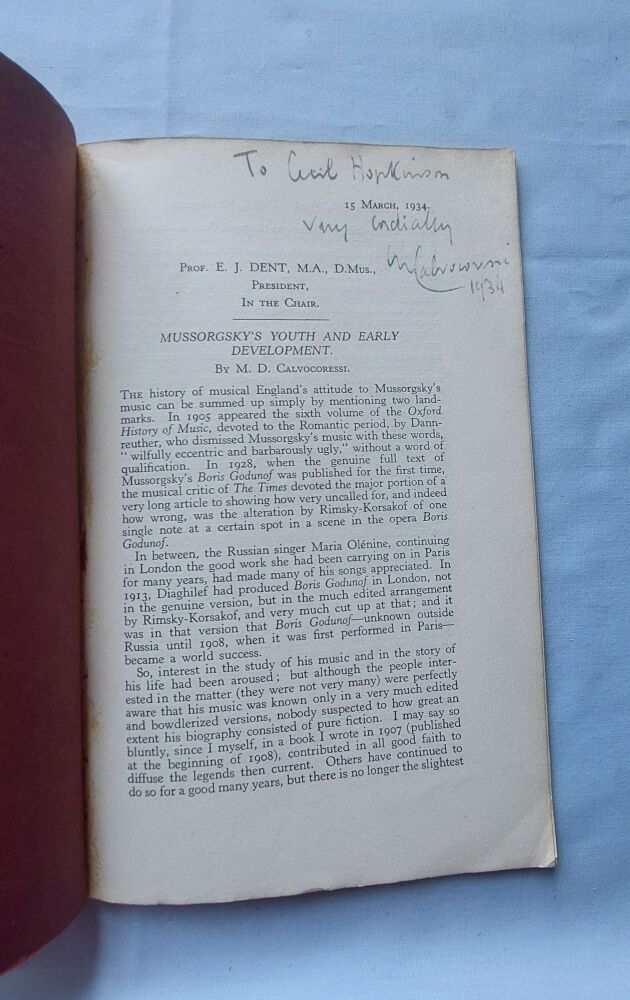 M. D. Calvocoressi-Mussorgsky's Youth and Early Development. Extract From the Proceedings of The Musical Association Session LX, 1934-Signed Copy