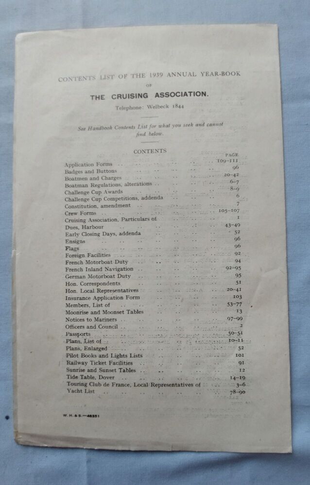 The Cruising Association Summary Of Services, 1939 with Membership Application Form