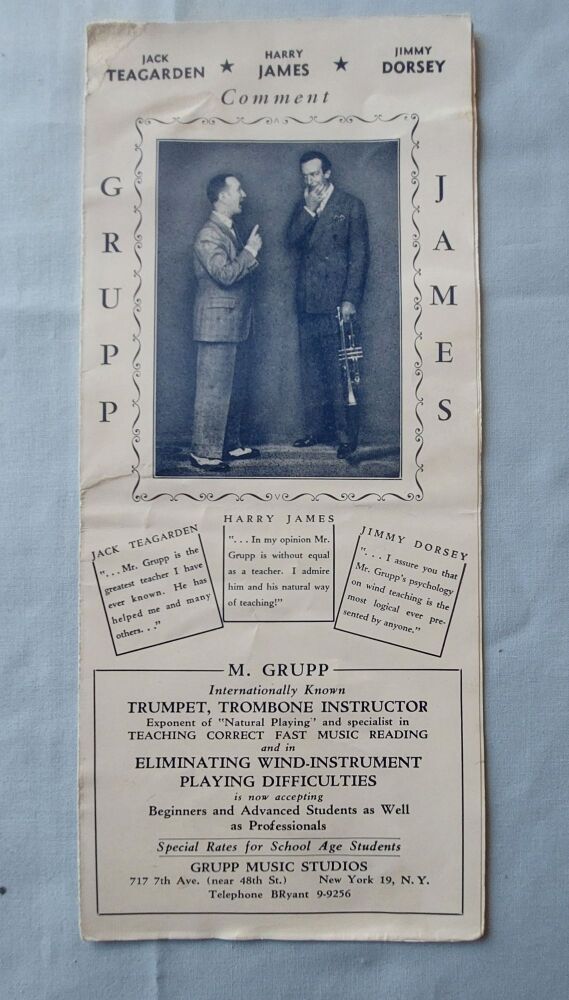 1940s Advertising Flysheet - M Grupp Trumpet Trombone Instructor, Grupp Music Studios New York