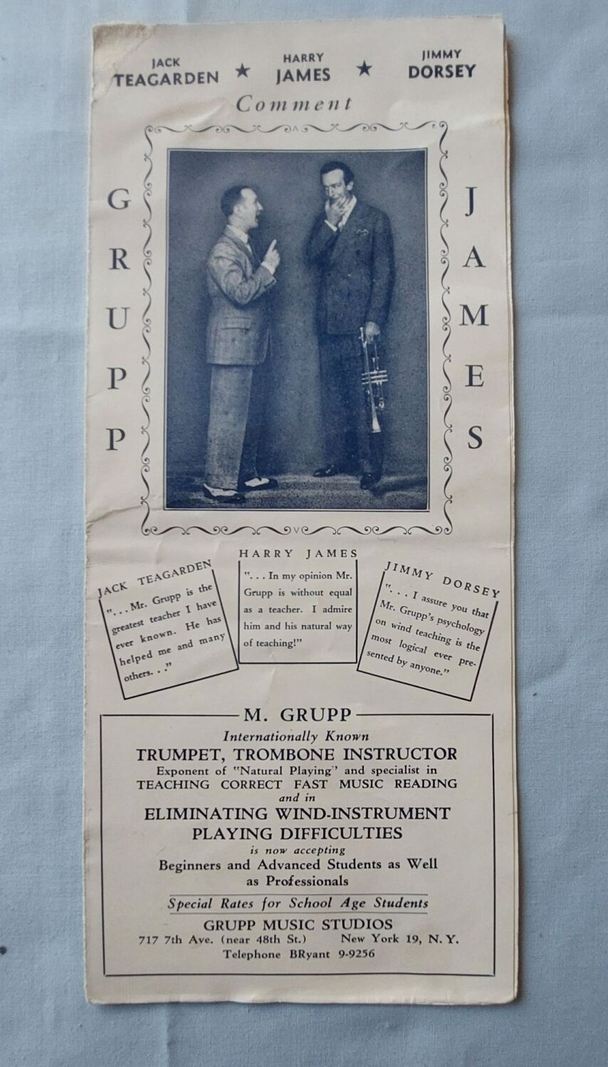 1940s Advertising Flysheet - M Grupp Trumpet Trombone Instructor, Grupp Mus