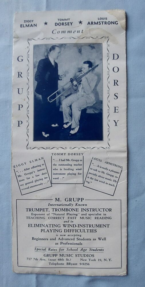 1940s Advertising Flysheet - M Grupp Trumpet Trombone Instructor, Grupp Music Studios New York