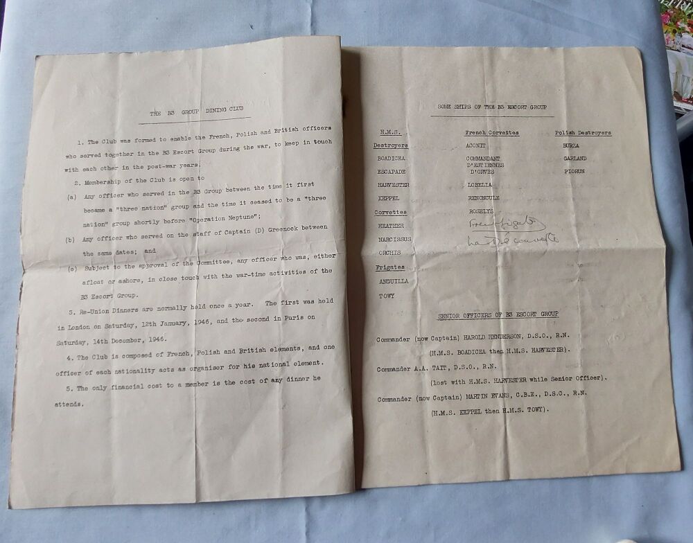 WW2 B3 Group Naval Convoy Escort Dining Club Members Ephemera-December 1946