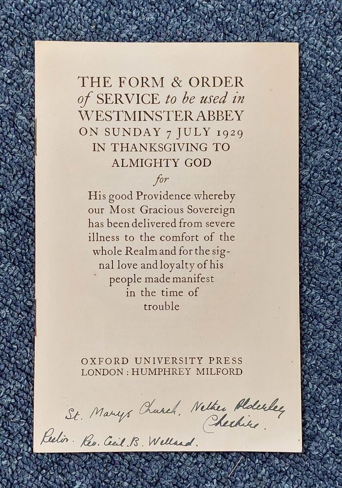 The Form and Order of Service - Thanksgiving for HM King George V - Westminster Abbey 7 July 1929