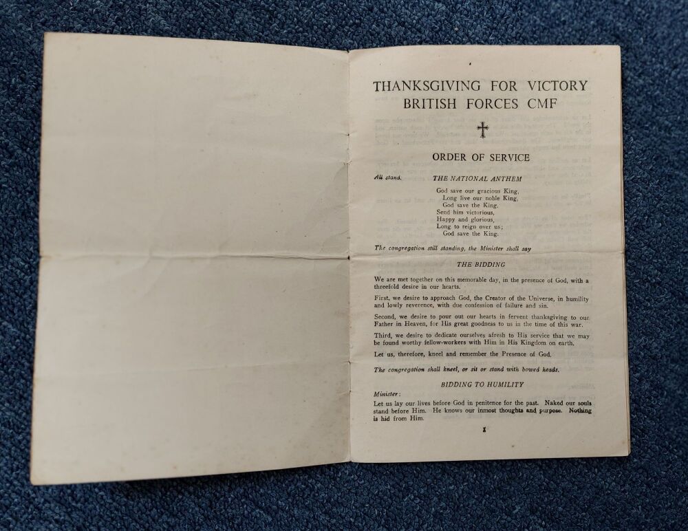 WWII Service Of Thanksgiving For Victory British Forces CMF (Central Mediterranean Forces) 1945