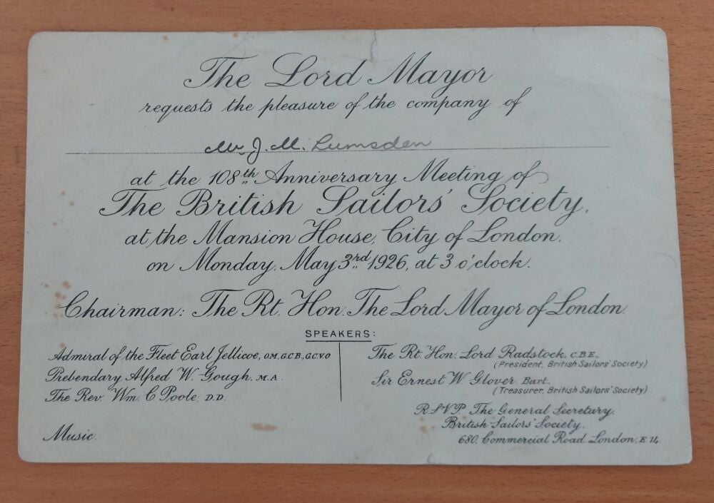 The British Sailors Society-108th Anniversary Meeting Invitation, Monday May 3rd 1926