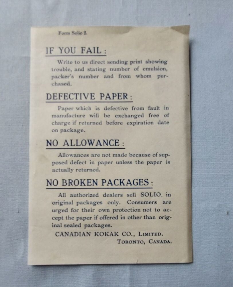 Canadian Kodak Co, Toronto Guarantee Form #2 For SOLIO Photo Printing Papers