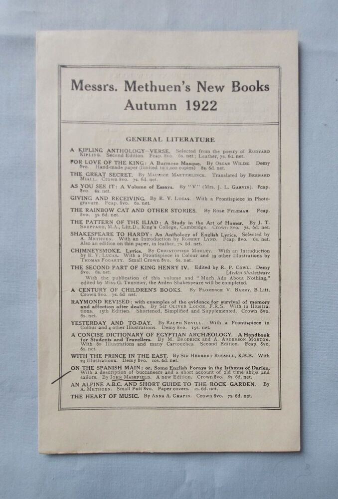 Book Publishers Advertising - Messrs Methuens New Books Autumn 1922