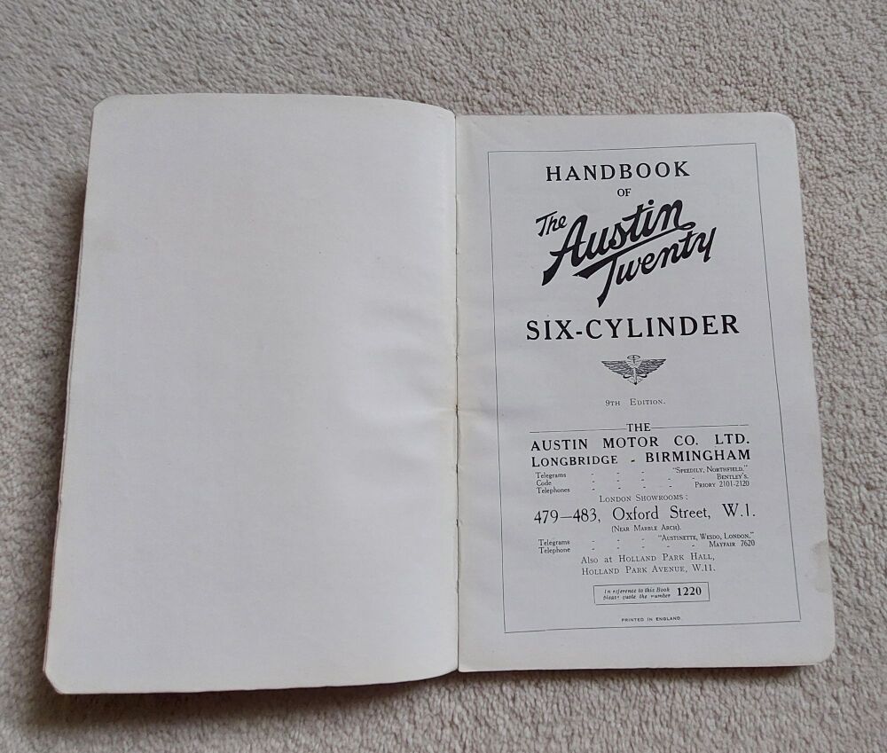 Austin Twenty Six Cylinder Drivers Handbook - Publication No 1220 - 9th Edition