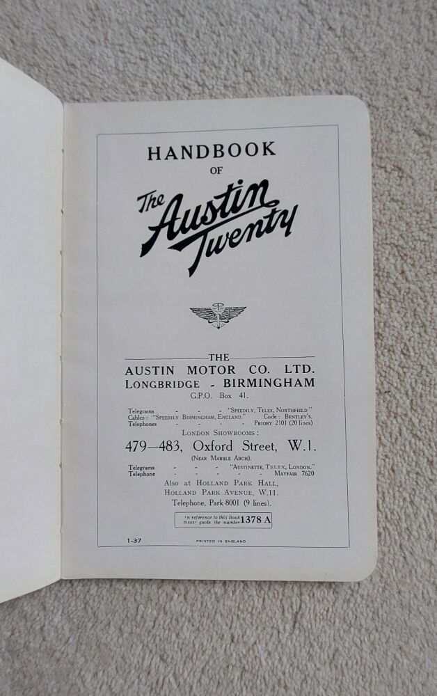 The Austin Twenty Car Owners Handbook No 1378A