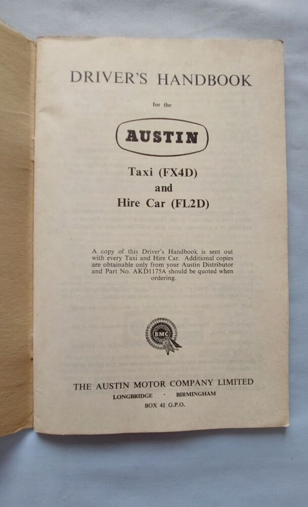 The Austin Taxi and Hire Car Drivers Handbook AKD1175A-1960s