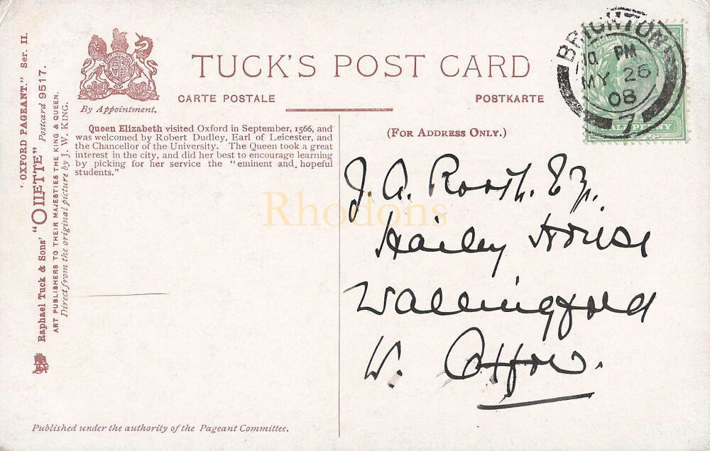 Tucks Oilette Postcard # 9517- The Oxford Pageant - Series II - Brighton Postmark May 1908