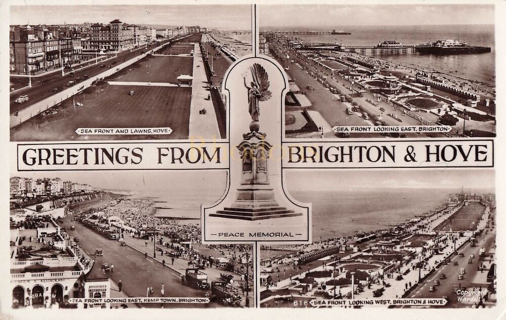 Greetings From Brighton & Hove, Sussex-1950s Multiview Real Photo Postcard