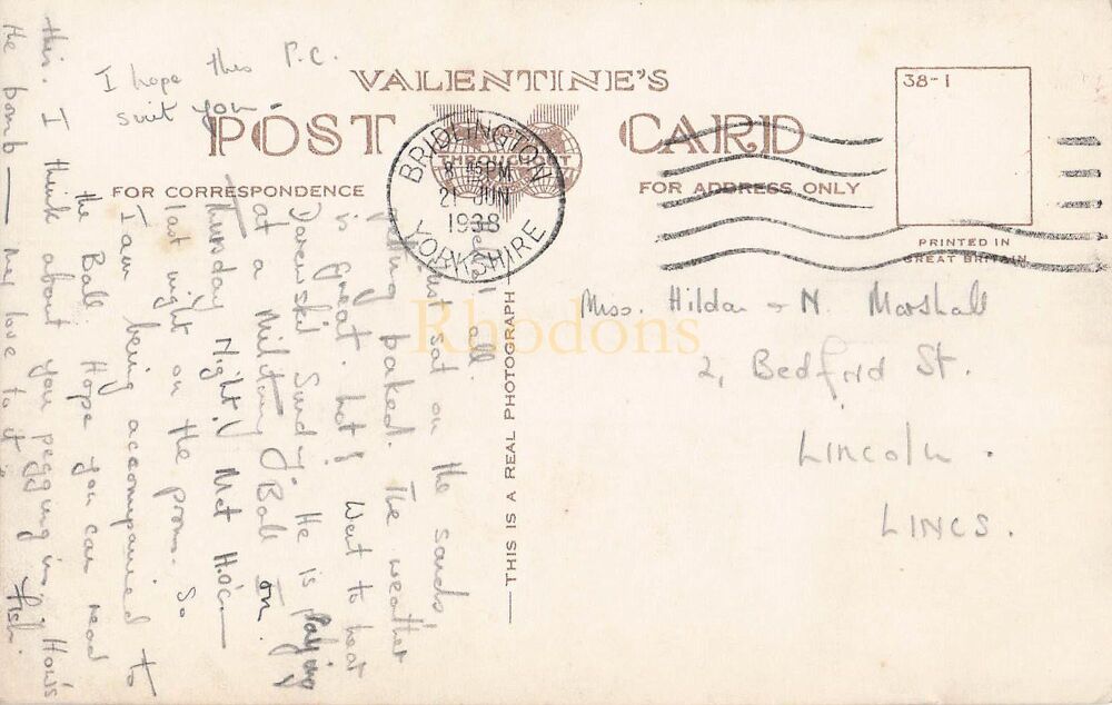 Bridlington Yorkshire - 1930s Valentines RP Multiview Postcard | Miss H & N MARSHALL, Lincoln, 1938