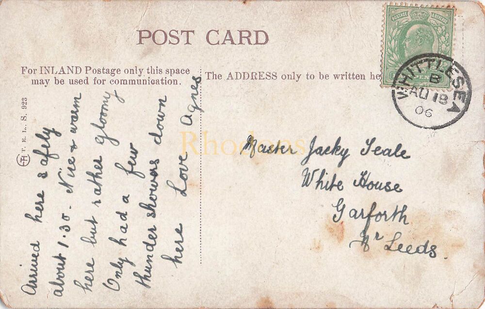 Genealogy Research and Postal History Interest Postcard | Master Jacky TEALE, Garforth | Whittlesea B Button Postmark August 18 1906