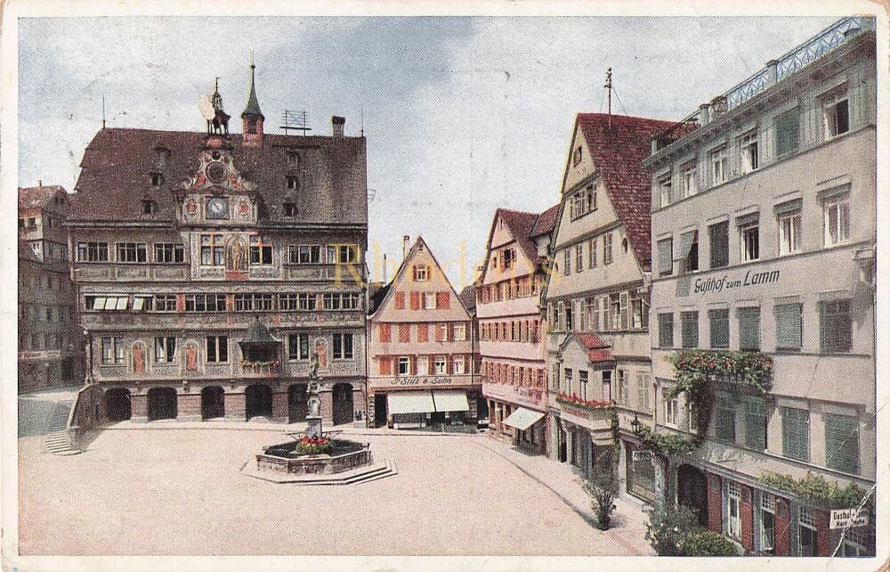 Tubingen Germany-1930s Postcard Marktplatz mit Rathaus und Hotel Lamm-Baden Baden Posostmark May 1936