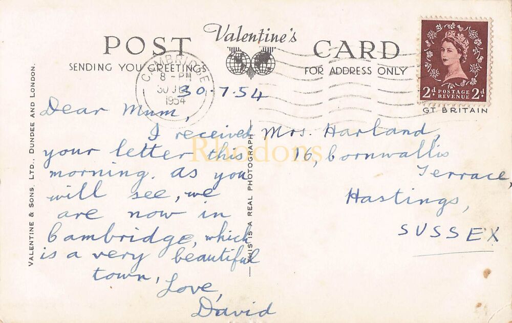 Cambridge Multiview-1950s Valentines Series Real Photo Postcard | Mrs HARLAND, Hastings 1954