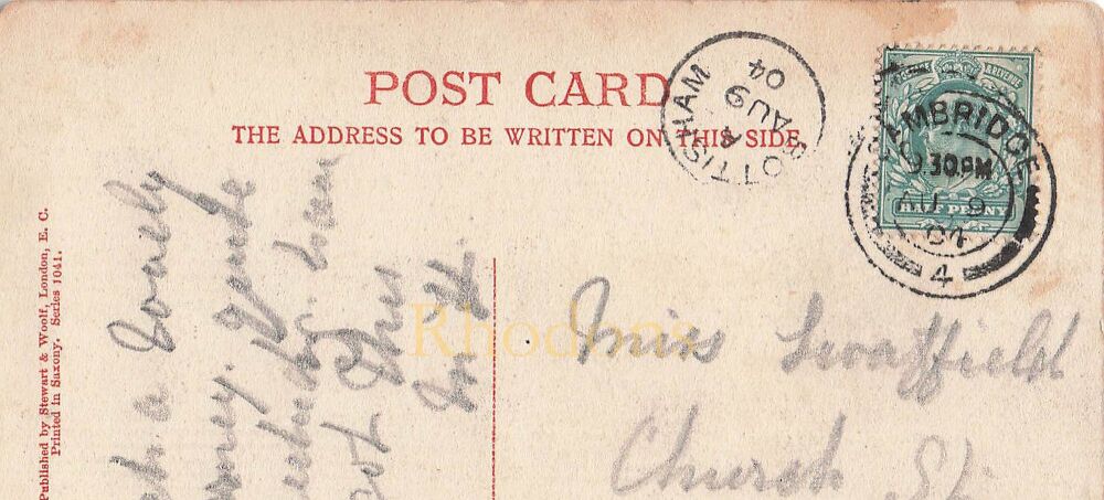 Postal History Postcard - Bottisham Cambridge Button Stamp Postmark 9 August 1904