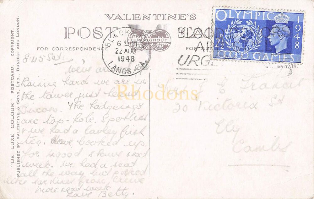 Storm At Blackpool-1940s Valentines Postcard-1948 London Olympics Stamp