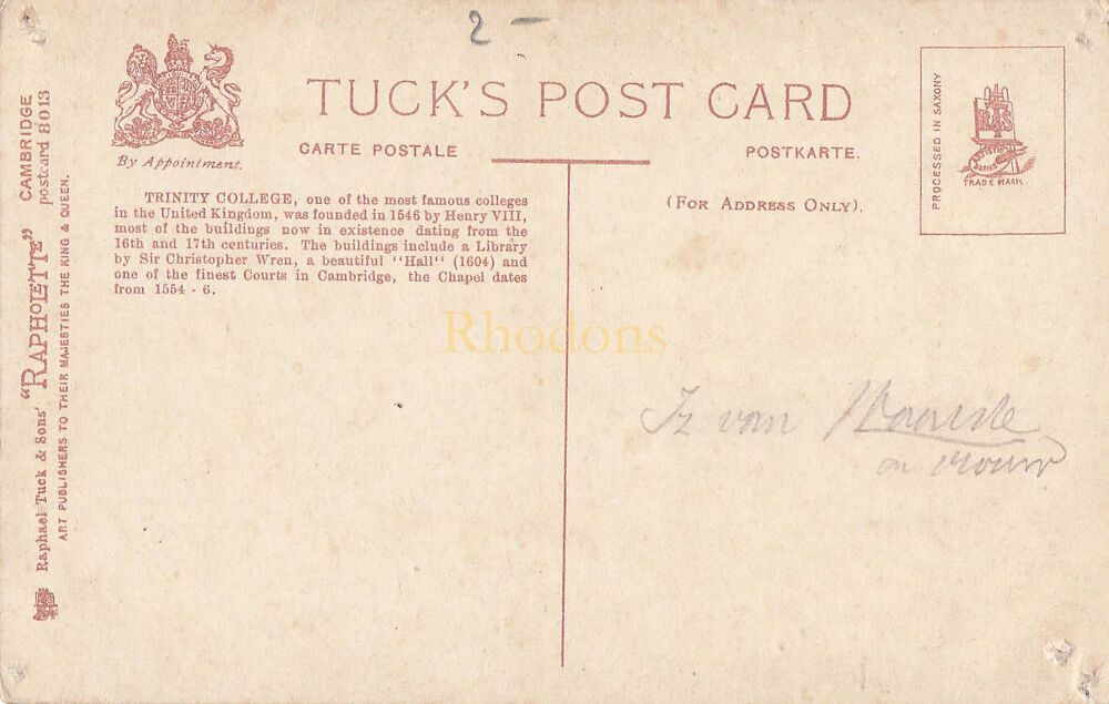 Great Court Trinity College Cambridge Early 1900s Tucks 'Rapholette' Series Postcard