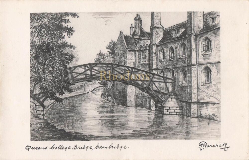 Genealogy Postcard - Mrs R S LAWSON - Craigard Hotel, Boat of Garten, Invernesshire, Scotland 1946 Queens College Bridge Cambridge - Warwick Sketch