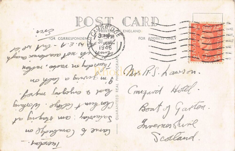 Genealogy Postcard - Mrs R S LAWSON - Craigard Hotel, Boat of Garten, 1946