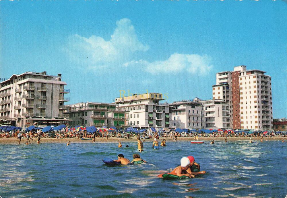 Jesolo Italy-Hotels and Beach Viewed From The Beach-1970s Postcard