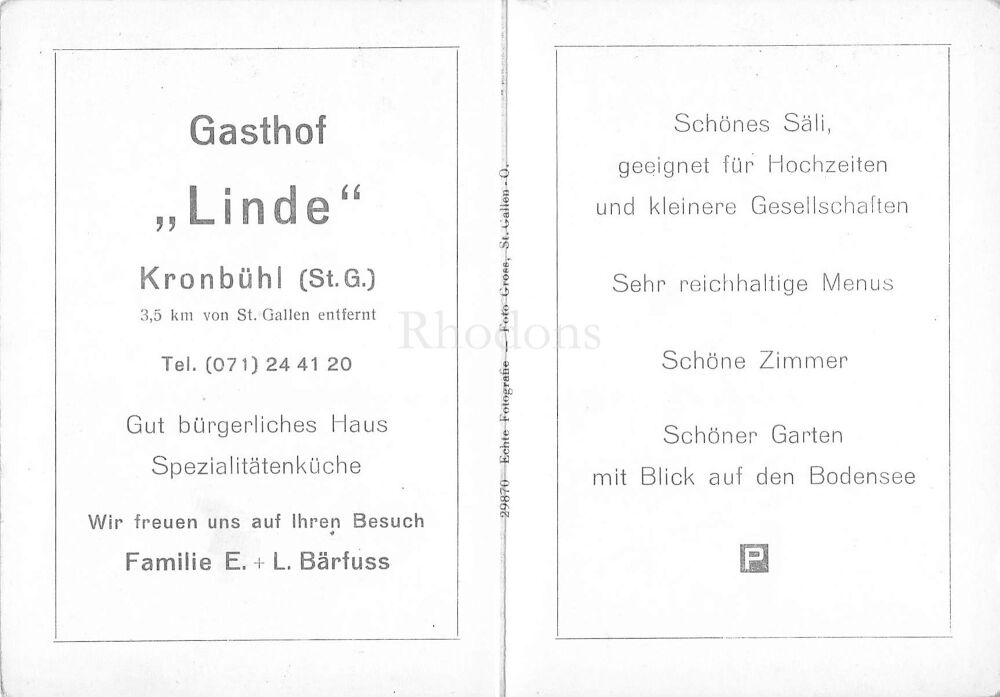 Gasthof Linde, Kronbuhl, St Gallen Switzerland-Vintage Hotel Advertising Postcard