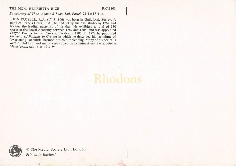 Medici Society Art Postcard - The Hon Henrietta Rice - John Russell RA 1745-1806 (PC 1801)