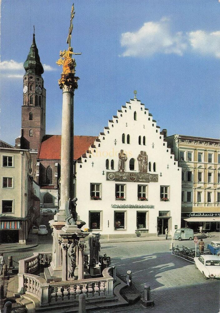 Straubing, Germany - Dreifaltigkeitssäule mit Stadtsparkasse und St Jakob Church - 1970s Colour Photo Postcard