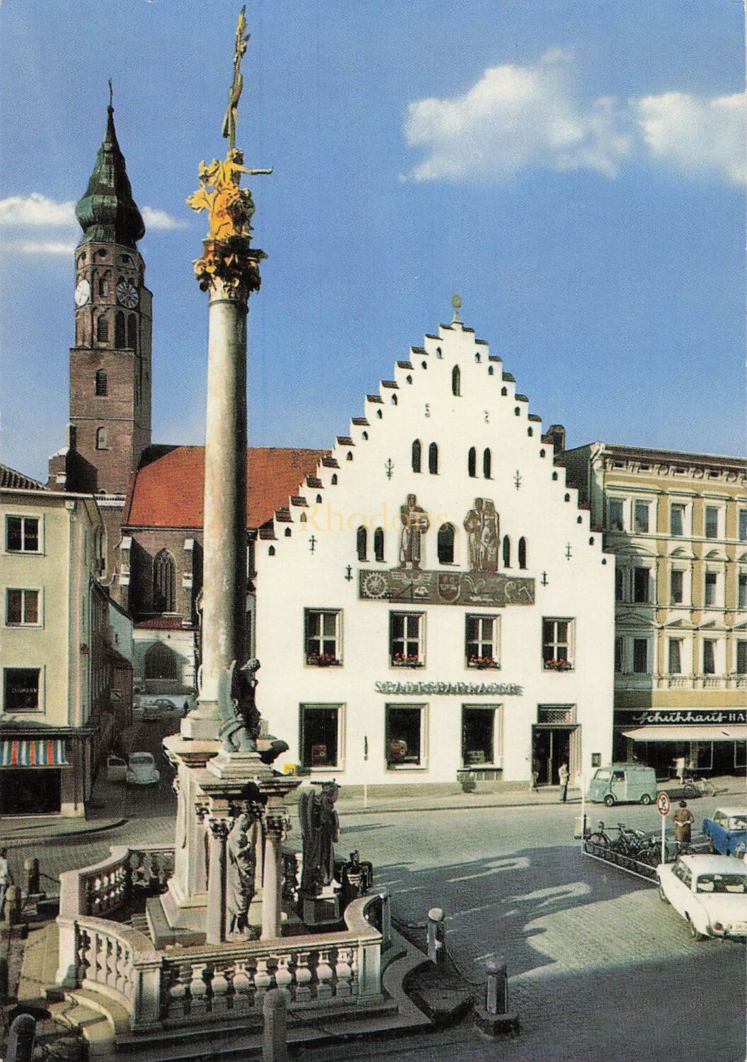 Straubing, Germany - Dreifaltigkeitssäule mit Stadtsparkasse und St Jakob C